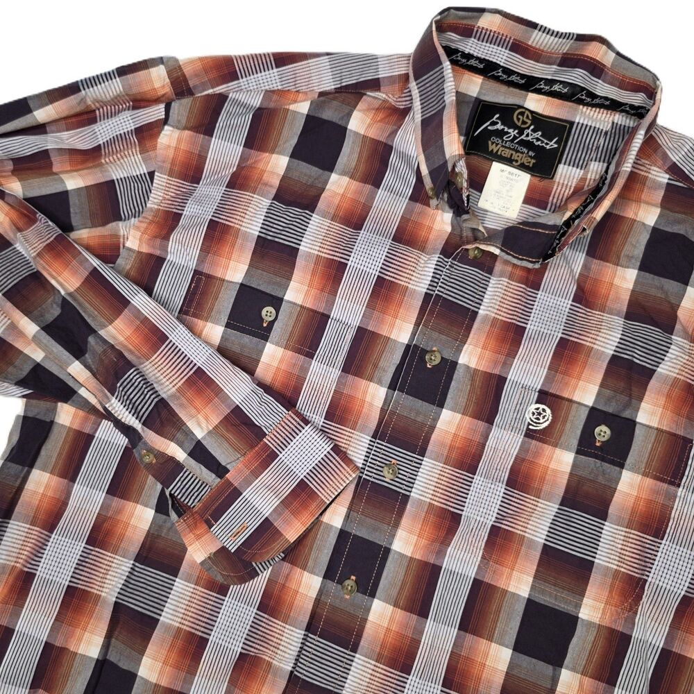 Wrangler George Strait Shirt Mens XLT Orange Maroon Plaid Long Sleeve Button